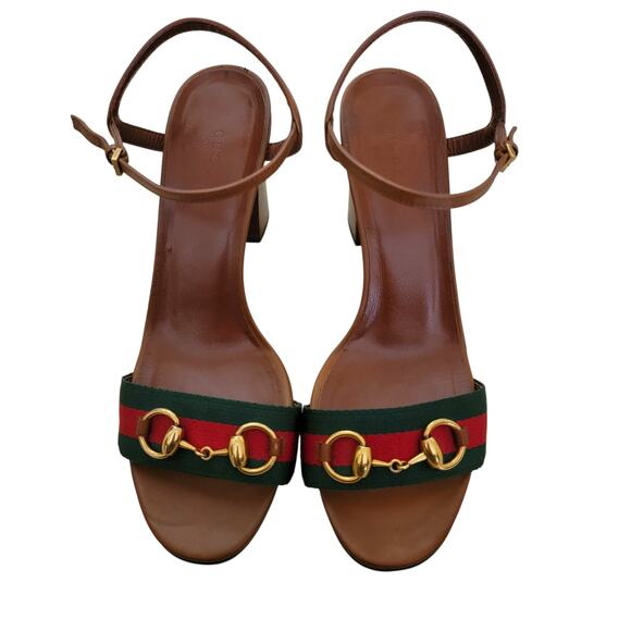 Gucci Vintage Horsebit Web Stripe Brown Leather Sandals Block Heels 9.5 39.5 - Picture 4 of 12
